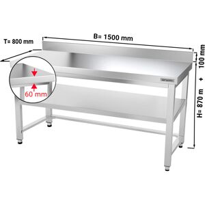 GGM GASTRO - Table de travail en inox PREMIUM - 1500x800mm - avec fond de base, rebord & contreventement