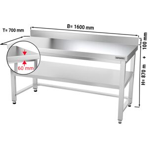 GGM GASTRO - Table de travail en inox PREMIUM - 1600x700mm - avec fond de base, rebord & entretoise