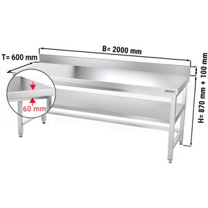 GGM GASTRO - Table de travail en inox PREMIUM - 2000x600mm - avec fond de base, rebord & contreventement