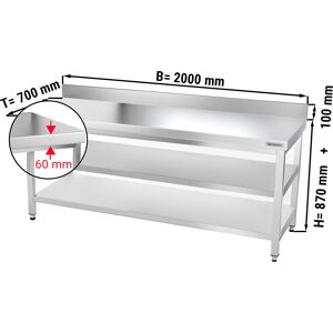 GGM GASTRO - Table de travail en inox PREMIUM - 2000x700mm - avec plancher de base, rebord & plancher intermédiaire