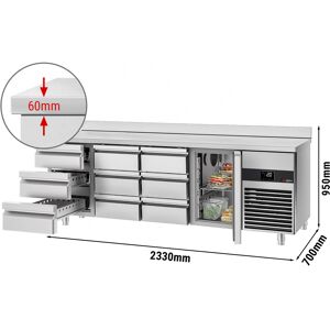 GGM GASTRO - Table réfrigérée PREMIUM - 2300x700mm - avec 1 porte & 9 tiroirs & avec rebord