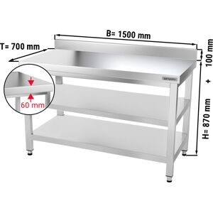 GGM GASTRO - Table de travail en inox PREMIUM - 1500x700mm - avec plancher de base, rebord & plancher intermédiaire