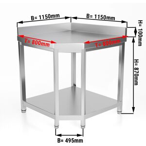 GGM GASTRO - Table de travail d'angle en inox PREMIUM - 1150x800mm - avec fond de base & rebord