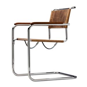 Thonet - fauteuil S 34, chrome / cuir de buffle marron / accoudoirs en noyer huilé (Pure Materials)