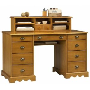 Beaux Meubles Pas Chers - Bureau Ministre Pin Miel Style Anglais 11 Tiroirs 5 Niches l 137.5 h 99.7 p 58.3 cm - orange - Publicité