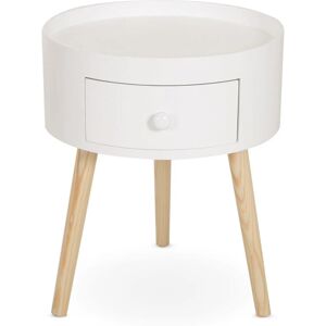 HOMCOM Chevet table de nuit ronde design scandinave tiroir bicolore pieds effilés inclinés bois massif chêne clair blanc - Blanc - Publicité