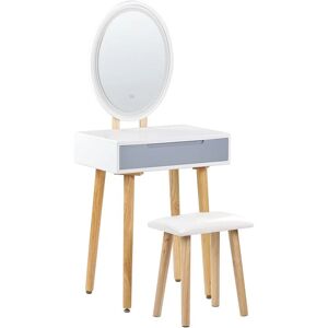 BELIANI Coiffeuse Blanc et Gris en Bois 1 Tiroir Miroir à LED et Tabouret Scandinave Vesoul - Publicité