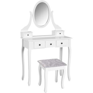Homcom - Coiffeuse et tabouret style baroque 5 tiroirs miroir ovale pivotant 360° mdf bois blanc - Blanc - Publicité