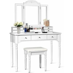 Costway - 2 en 1 Coiffeuse avec Tabouret, Miroir Amovible à 3 Volets, Table de Maquillage avec 7 Tiroirs, 8 Crochets, Boîte de Rangement Ouverte, pour Chambre, Salon, Blanc - Publicité