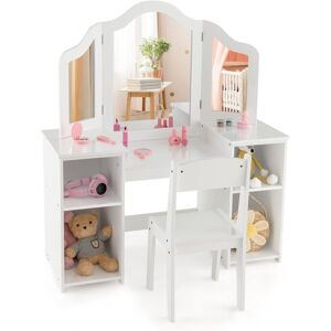 Costway - 2 en 1 Coiffeuse et Chaise Enfants avec Miroir Amovible à Trois Volets, Table de Maquillage Princesse avec 4 Compartiments de Stockage, - Publicité