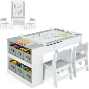 COSTWAY 2 en 1 Table à Dessin et 2 Chaises Enfants avec Plateau Inclinable, Table d'Activité en Bois avec 6 Boîtes de Rangement & Rouleau de Papier, Charge 91/75kg pour Jouer Dessiner Manger (Gris) - Publicité