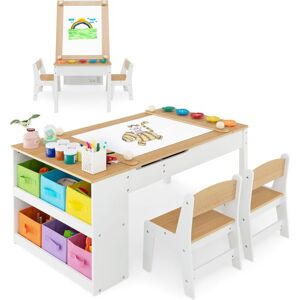 Costway - 2 en 1 Table à Dessin et 2 Chaises Enfants avec Plateau Inclinable, Table d'Activité en Bois avec 6 Boîtes de Rangement & Rouleau de Papier, Charge 91/75kg pour Jouer Dessiner Manger (Naturel) - Publicité