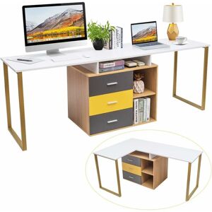 Costway - Bureau Double 220cm/Bureau d'Angle Informatique en Forme de l avec 3 Tiroirs et 2 Etagères Poste de Travail - Publicité