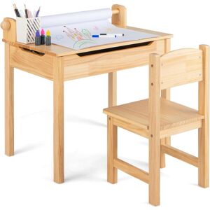 Costway - Bureau Enfants avec Tabouret & Plateau Rabattable, Table à Dessin en Pin Polyvalent avec Rouleau de Papier & 2 Marqueurs, Espace Caché, - Publicité