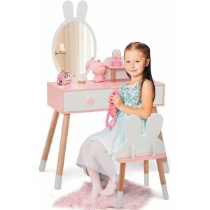 Costway - Coiffeuse Enfant 2 en 1 avec Miroir en Forme Lapin,Table de Maquillage en Bois avec Tabouret Mignon,2 Tiroirs,Étagère de Rangement,Style de Princesse pour Fille (Blanc) - Publicité