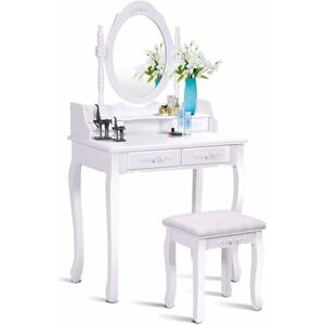 Coiffeuse Table de Maquillage 75x40x145CM avec Miroir Ovale 1 Tabouret Pieds en Pin et 4 Tiroirs Blanche - Costway - Publicité