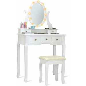 COSTWAY Coiffeuse Table de Maquillage avec MiroirOvale LED Rotative en Bois avec 5 Tiroirs avec Tabouret 80 x 40 x 142CM Blanc - Publicité
