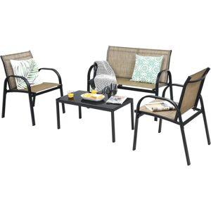 Ensemble Salon de Jardin 4 Pièces en Métal, 2 Fauteuils, Ensemble de Meubles de Patio 1 Causeuse 2 Chaises 1 Table Basse en Verre, pour Jardin Terrasse Piscine(Marron) - Costway - Publicité