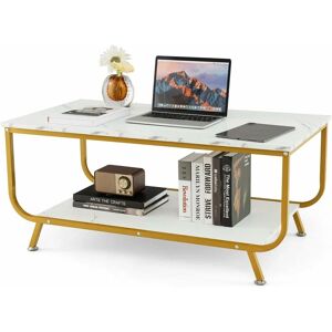 Costway - Table Basse Salon Double Plateau Effet Marbre, Table Salon Rectangulaire Moderne, Cadre en Métal, 105 x 55 x 46,5 cm (Blanc doré) - Publicité