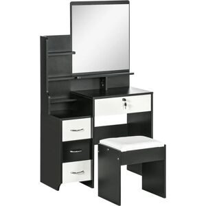 Homcom - Ensemble coiffeuse tabouret design contemporain multi-rangement 4 tiroirs 4 étagères grand miroir noir blanc - Noir - Publicité