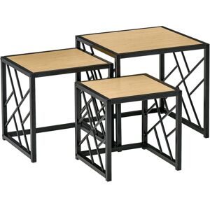 Homcom - Ensemble de 3 tables basses gigognes encastrables style industriel métal noir aspect bois clair - Publicité