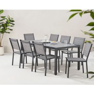 SANS MARQUE Ensemble repas de jardin : Table 180 cm + 8 chaises - Structure aluminium - Plateau verre trempé - Gris - Publicité