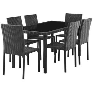 Ensemble repas de jardin - table en verre trempé et 6 chaises en résine tressée noir - Table 160x80x73 cm - Chaise : 44x54x88 - Publicité