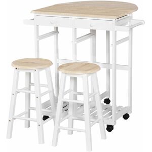 Ensemble table de bar pliable sur roulettes avec étagère et 2 tiroirs + 2 tabourets bois pin mdf blanc chêne clair