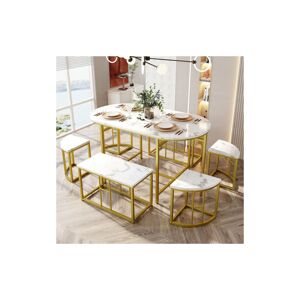 QIYAO Ensemble table et chaises，Ensemble Table de salle à manger(140x70cm) et 6 Chaises - Table et chaises en MDF blanc et cadre en fer,Tables et chaises - Publicité