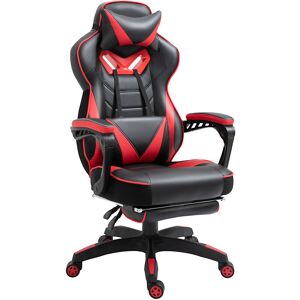 Vinsetto Fauteuil de bureau gamer style baquet racing - pivotant, inclinable - coussin lombaire, tétière, repose-pieds inclus - revêtement synthétique rouge noir - Rouge - Publicité