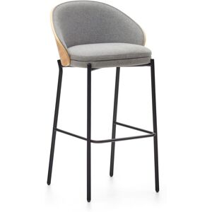 Tabouret Eamy en tissu chenille gris clair placage de frêne naturel et métal noir hauteur - Kave Home - Publicité