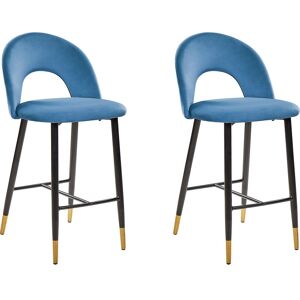 2 Tabourets Chaises Hautes de Bar en Velours Bleu Pieds Noirs et Dorés Design et Confort pour Cuisine ou Salon Rétro et Glamour Beliani - Publicité