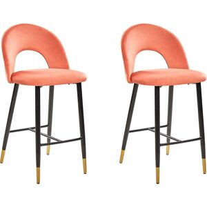 2 Tabourets Chaises Hautes de Bar en Velours Rouge Corail Pieds Noirs et Dorés Design et Confort pour Cuisine ou Salon Rétro et Glamour Beliani - Publicité