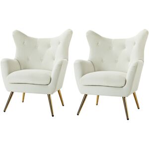 Hulala Home - Lot de 2 Fauteuil Salon Fauteuil Scandinave Chaise Confortable en Velours avec Pieds en Métal Doré & Wingback Pour Salon, Chambre, Blanc - Publicité