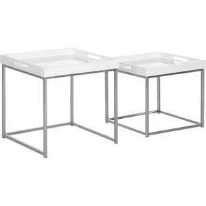 HOMCOM Lot de 2 tables basses carrées gigognes style contemporain - plateau 2 poignées mdf blanc laqué châssis piètement acier chromé - Publicité