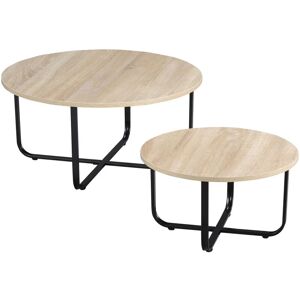 Homcom - Lot de 2 tables basses gigognes design industriel encastrable métal noir mdf aspect chêne clair - Beige - Publicité