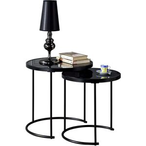 Lot de 2 tables d'appoint gigognes leyre, plateau rond en verre noir et cadre en métal noir