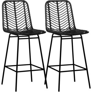 Homcom - Lot de 2 tabourets de bar style colonial piètement acier résine tressée aspect rotin noir - Noir - Publicité