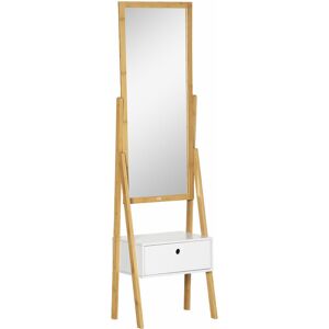 Homcom - Miroir sur pied avec rangement tiroir en bambou et mdf - dim. 45L x 30l x 160H cm - blanc et naturel - Marron - Publicité