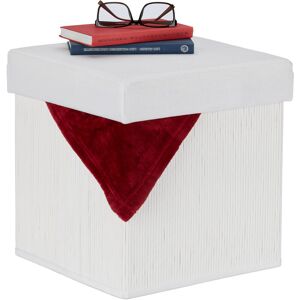 Tabouret rangement, rembourré, pliable, bambou, tissu, HxLxP : 35 x 35 x 35 cm, repose-pieds, blanc - Relaxdays - Publicité