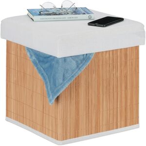 Tabouret rangement, rembourré, pliable, bambou, tissu, HxLxP : 35 x 35 x 35 cm, repose-pieds, blanc-nature - Relaxdays - Publicité