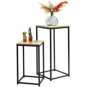 Urban Living - Set de 2 sellettes table basse decore table d'appoint console en bois et métal noir 34x34xh74cm et 30x30xh54cm - Noir et Bois