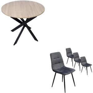 Ensemble Meubles, Lot de 4 chaises de salle à manger, Chaise tapissée, Table manger ronde fixe, Chêne, Pieds noir - Skraut Home - Publicité