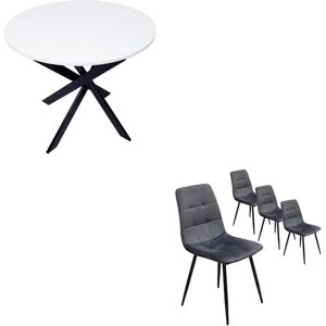 Ensemble Meubles, Lot de 4 chaises de salle à manger, Chaise tapissée, Table manger ronde, Blanc mat, Pieds noir - Skraut Home - Publicité