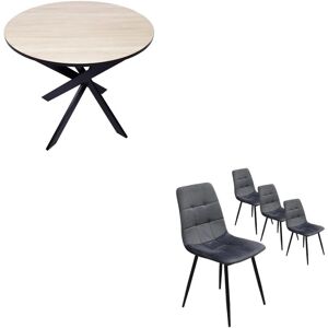 Ensemble Meubles, Lot de 4 chaises de salle à manger, Chaise tapissée, Table manger ronde, Chêne/noir, Pieds noir - Skraut Home - Publicité