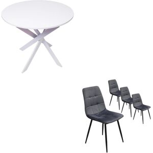 Ensemble Meubles, Lot de 4 chaises de salle à manger, Chaise tapissée, Table à manger ronde, Blanc mat, Pieds blancs - Skraut Home - Publicité