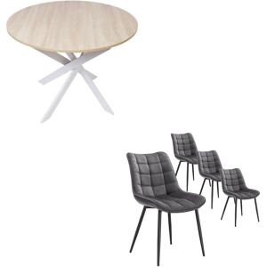 Ensemble Meubles, Lot de 4 chaises de salle à manger, Chaise tapissée, Table manger ronde fixe, Chêne, pieds blanc - Skraut Home - Publicité