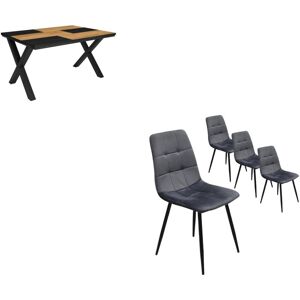Ensemble Meubles, Table manger, 140, Chêne et noir, Style industriel, Lot de 4 chaises de salle à manger, Chaise tapissée - Skraut Home - Publicité