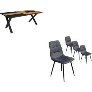 Ensemble Meubles, Table manger, 200, Chêne et noir, Style industriel, Lot de 4 chaises de salle à manger, Chaise tapissée - Skraut Home - Publicité