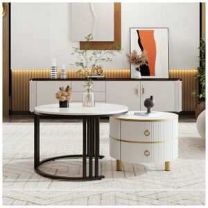 Sureh - Table basse ronde gigogne Lot de 2, Table d'appoint en mdf avec 2 tiroirs Tables d'appoint empilables pour le salon, le bureau, Gris, 70x70x46cm + 50x50x40 cm - Publicité